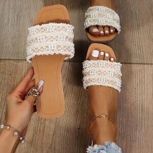 Women's faux pearls decor flat sandals